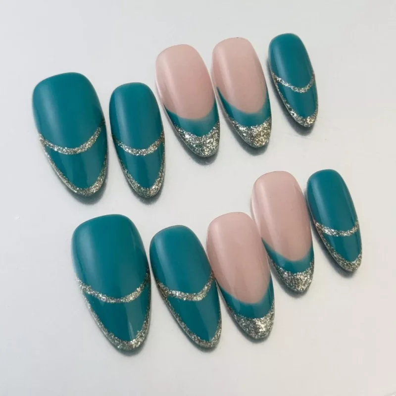 Teal and nude square press-on nails with silver lining – side view