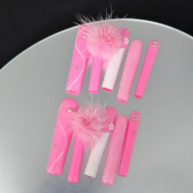 Matte and Glitter Pink Press-On Nails with Pom-Pom Embellishment