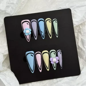 Trendy 2D Cartoon Press-On Nails with pastel hues and floral details