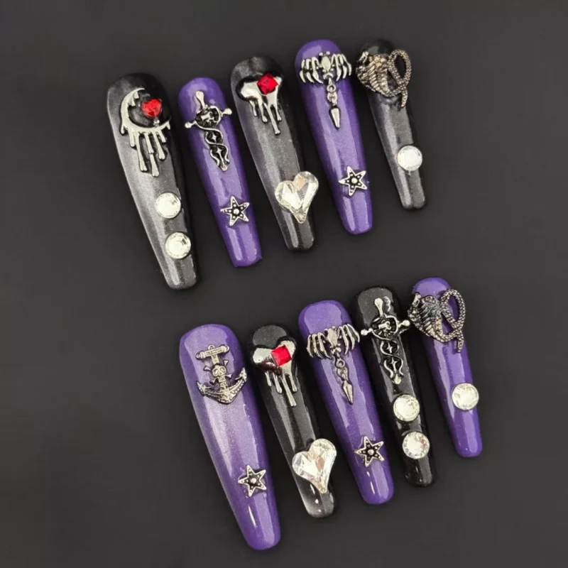 Twilight Charm Press-On Nails with 3D charms and heart accents