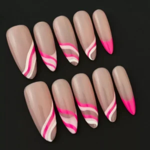 Press-on almond nails with two-tone matte nude and glossy pink layered effect