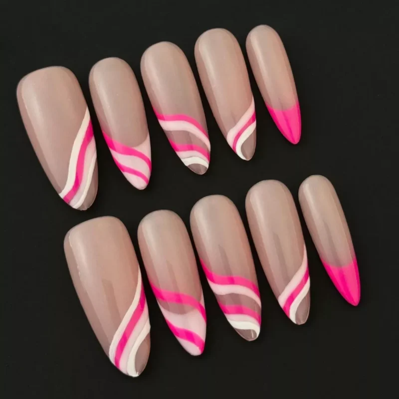 Press-on almond nails with two-tone matte nude and glossy pink layered effect
