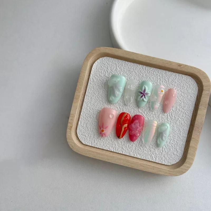 Vivid garden fantasy nails with colorful pastel floral carving design
