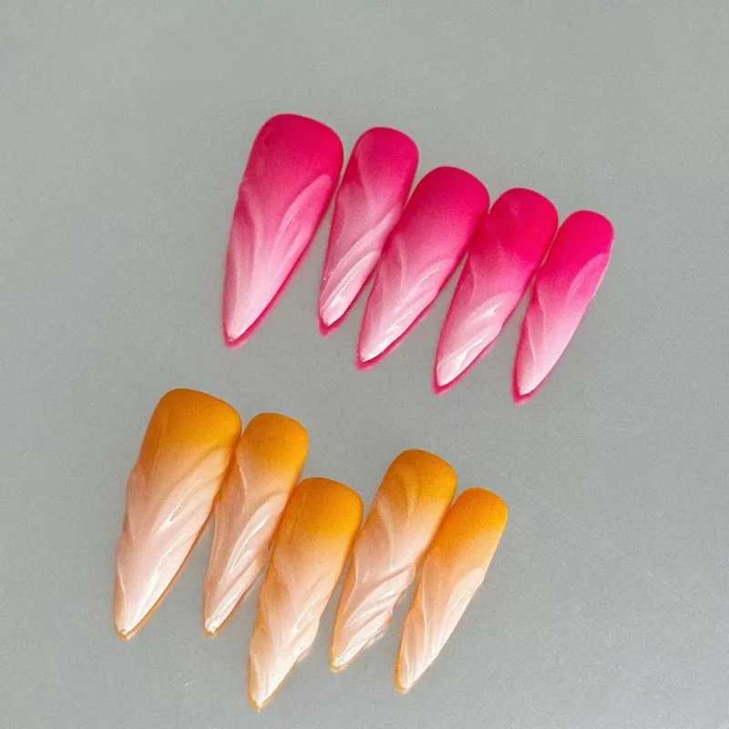 Leaf Swirl Gradient Press-On Nails – Dual-Tone Pink and Orange Glossy Almond Tips