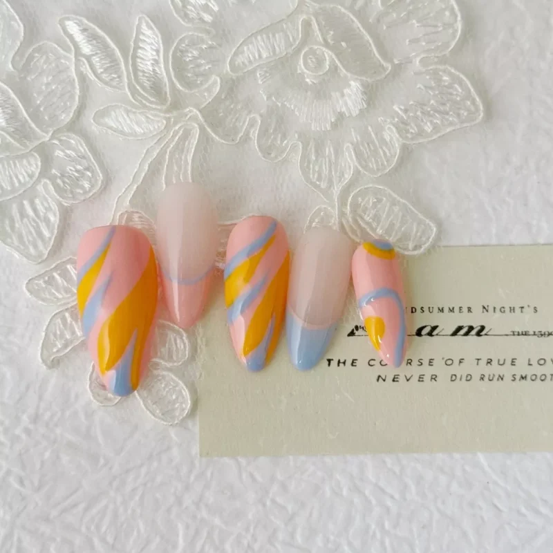 Wave Pattern Press-On Nails featuring orange yellow color block - artistic layout