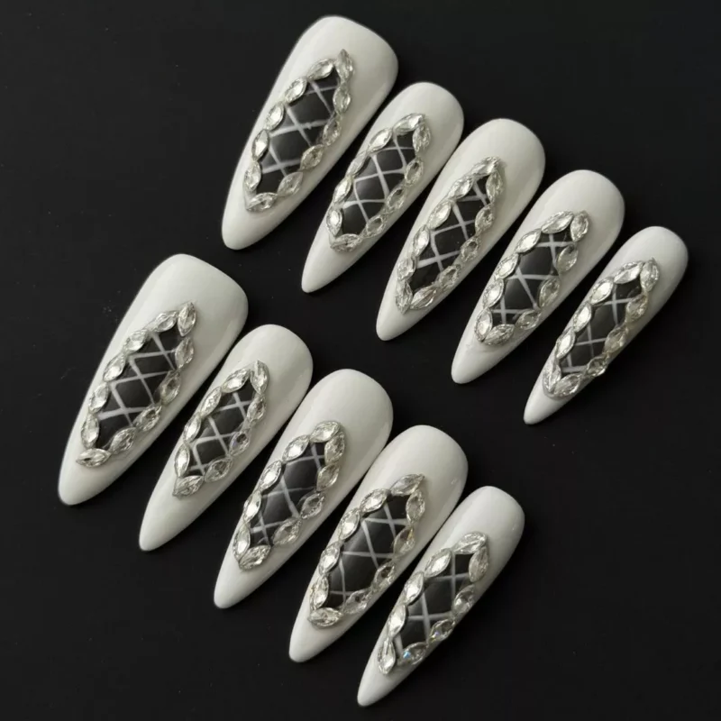 White Lattice Press-On Nails with diamond rhinestone cutout design - full hand view