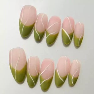 Close-up of matte French nude green nails with fine white linear pattern on accent nails