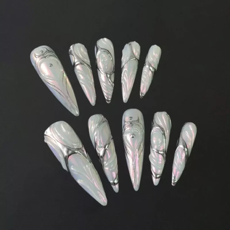 White Metallic Press-On Nails with 3D Swirl Mirror Finish displayed on black background
