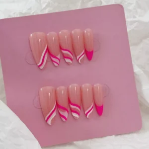 Y2K-inspired nude and pink press-on nails in long almond shape – full set view