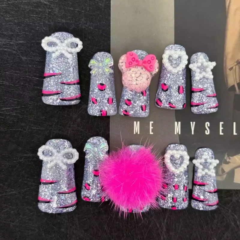Kawaii Duckbill Nails with Bows, Pom-Pom, and 3D Accents