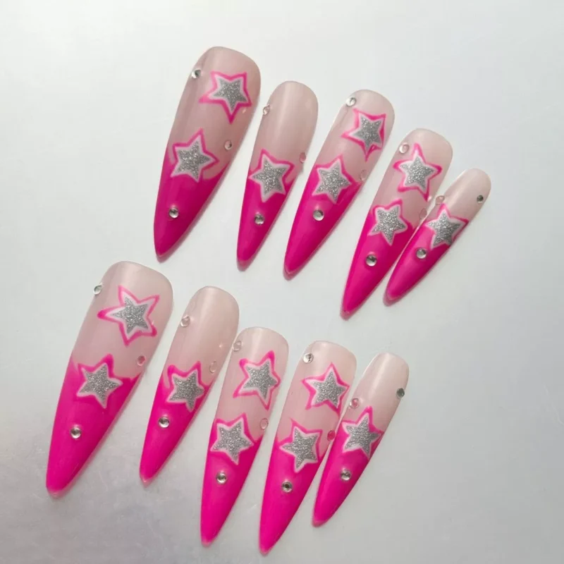 Pink French Tip Press-On Nails with Silver Star Embellishments