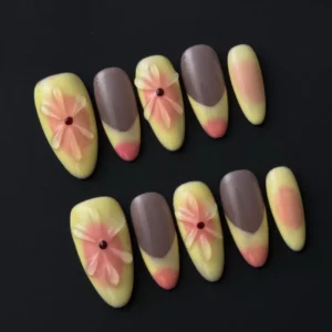 Yellow flower relief press-on nails with matte pastel gradient – top layout