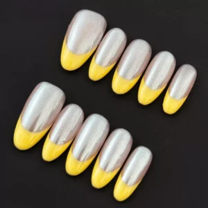 Yellow French Press-On Nails with glossy pearl chrome finish and squared shape