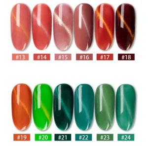 Middle 12 red, green, and orange magnetic gel polish shades