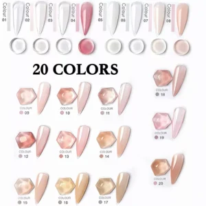 20 color options of builder nail gel on swatch cards with matching gel pots