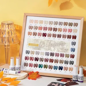 Display board showing jelly nude gel polish 62 translucent gel polish colors in nude and jelly tones