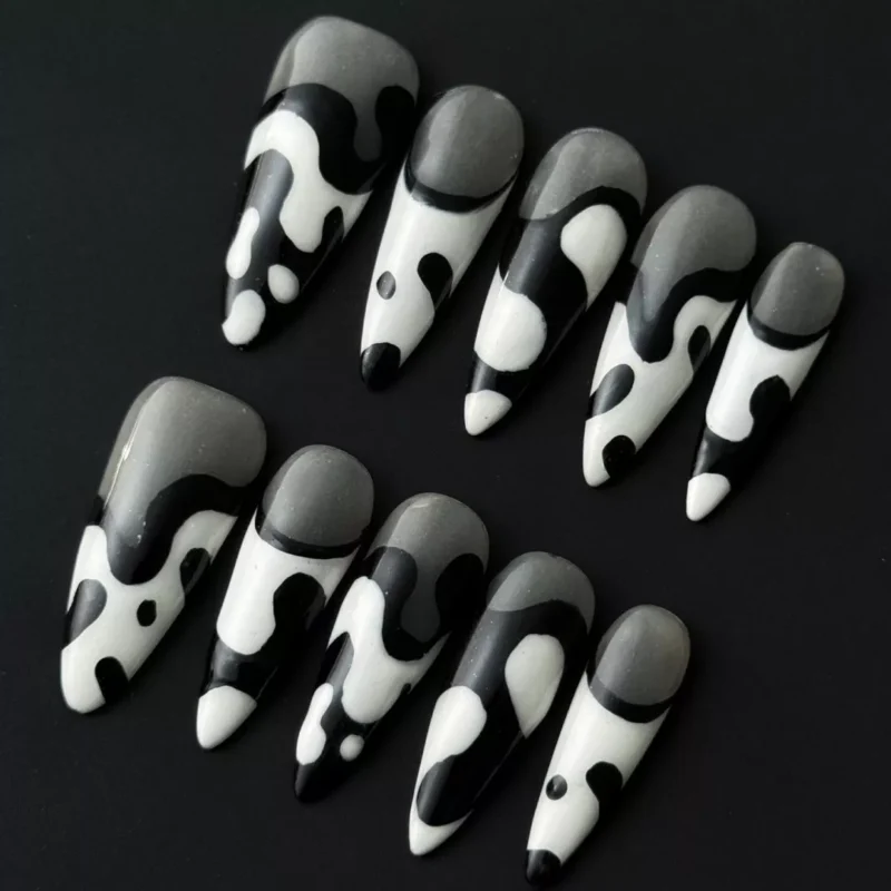 Black and white flow press-on nails – stiletto shape with glossy abstract lines
