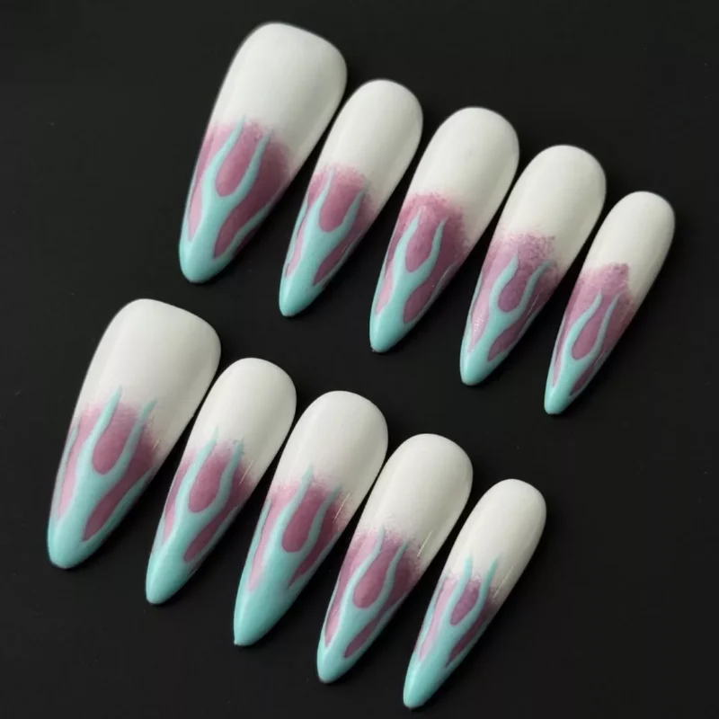 Blue purple flame press-on nails in glossy stiletto shape with white base