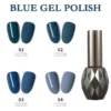 Blue Gel Nail Polish - 4 Alluring Elegant Serene Shades 5 Set of four blue gel nail polish swatches with bottle – glossy and serene finish options