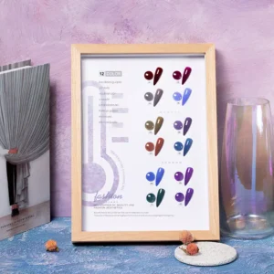 Framed display of 12 color-changing heat gel polishes with temperature guide