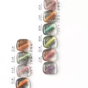 Color-shifting cat eye gel polish test samples labeled