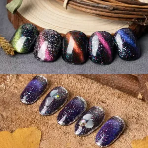 Holographic magnetic cat eye manicure designs on natural nails