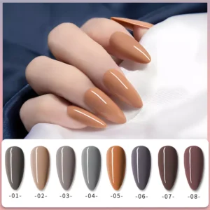 Close-up of creamy beige nude gel polish from Milk Tea collection on nail swatch