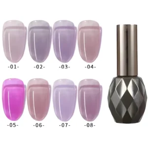 Close-up of glossy translucent nail gel in cool-toned mauve under soft lighting