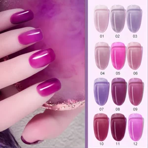 Glossy purple jelly gel polish on model nails with soft ambient light reflection