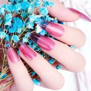 Sheer purple gel polish in jar with applicator brush showing jelly-like texture