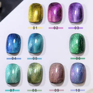 High gloss Crystal Prism Cat Eye Gel swatches with vibrant magnetic sheen, shade-labeled for reference.