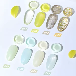 Swatches of shimmering and matte forest green gel polishes