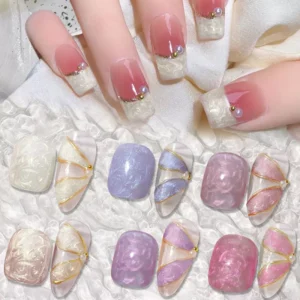 French tip nail art with Shell Thread Gel and pearls