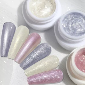 Open Shell Thread Gel pots in lavender, cream, and pink with matching nail samples