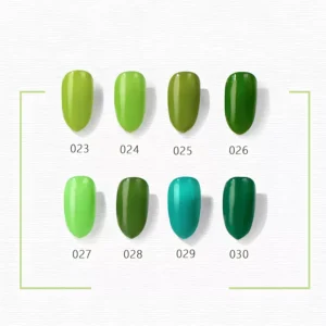 Forest green gel polish applied on oval nails under natural light