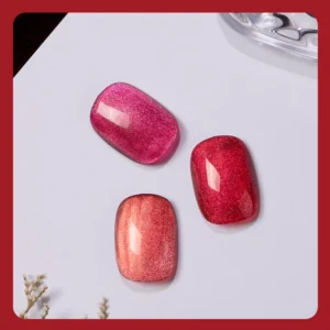 Three close-up red magnetic gel samples in sparkle focus