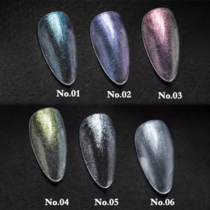 Glossy shimmer gel coat effects on black base from shades 01 to 06