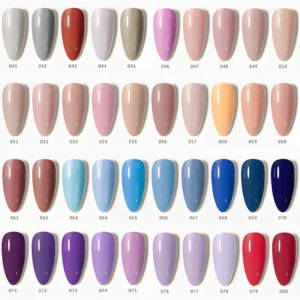 Assorted gel swatches showing glossy finish in pink, beige, and coral