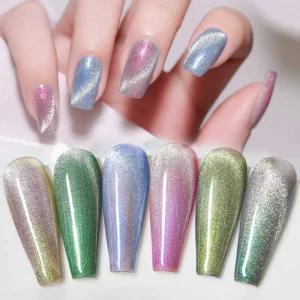 Nail swatches showcasing gradient sparkle effect of aurora magnetic cat eye polish