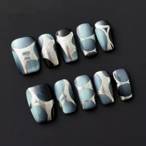 Short gray blue futuristic press-on nails with tech-inspired embossed elements