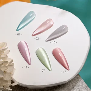 Six highlighted pastel cat eye gel shades numbered and shown individually on smooth white stone