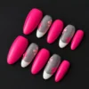 Mixed hot pink press-on nails with white V-tips and sheer base featuring floral silhouettes – front view