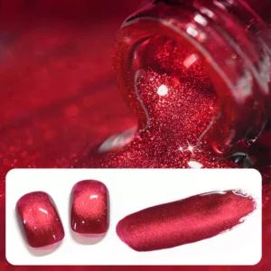 Vibrant red cat eye magnetic gel polish pouring from bottle with swatch