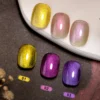 Crystal Prism Cat Eye Gel in vibrant gold, magenta, and violet hues on black and white contrast background