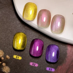 Crystal Prism Cat Eye Gel in vibrant gold, magenta, and violet hues on black and white contrast background