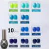 Swatch chart showing 10 shades of Klein blue gel polish with glossy finish