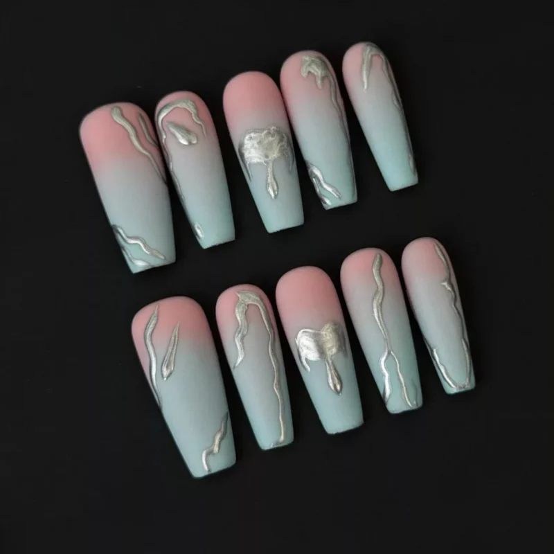 Side angle showing length and coffin shape of gradient matte press-on nails