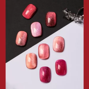 Scattered red cat eye gel swatches on dual-tone paper background