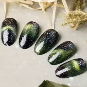 Silver shimmer with cat eye streak on oval nails from Shining Star Cat Eye Gel