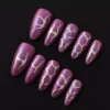 Metallic purple press-on nails with chrome silver line art on long coffin shape – front view